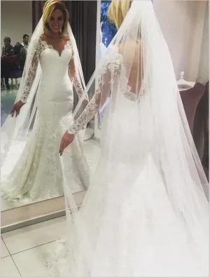 Sheath Lace V-neck Backless Wedding Dresses,Long Sleeves Train Wedding Dresses
