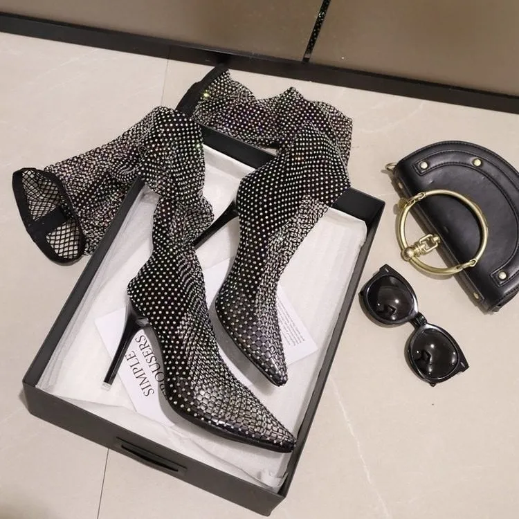 Shiny Mesh Stiletto Cut-Out Ankle Boots