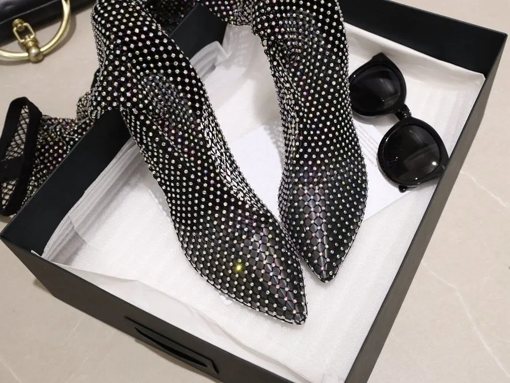 Shiny Mesh Stiletto Cut-Out Ankle Boots