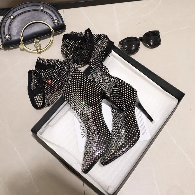 Shiny Mesh Stiletto Cut-Out Ankle Boots