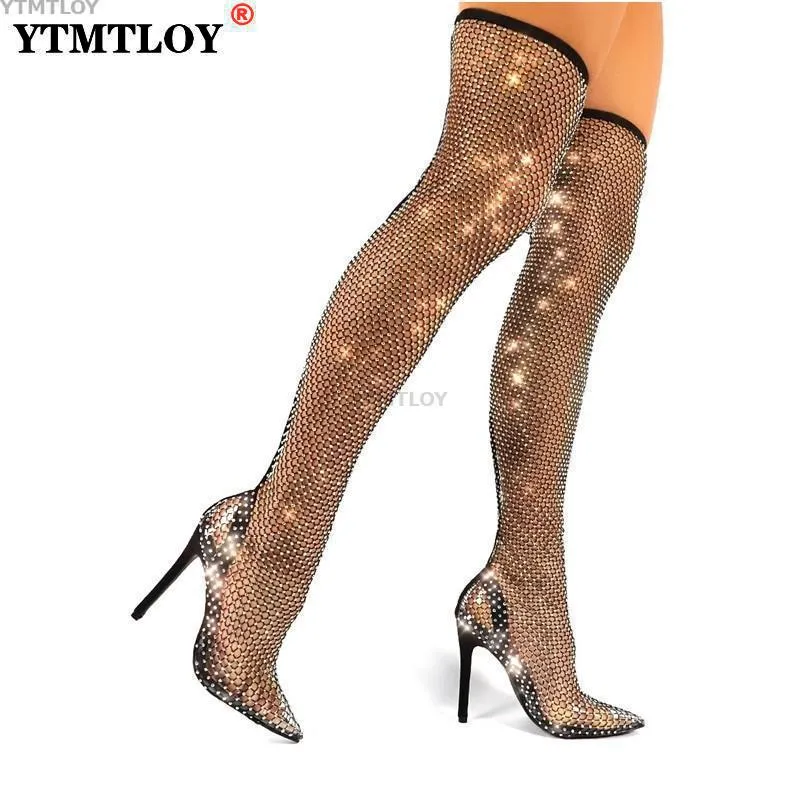 Shiny Mesh Stiletto Cut-Out Ankle Boots