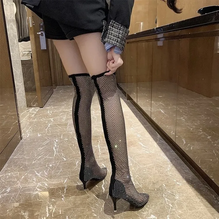 Shiny Mesh Stiletto Cut-Out Ankle Boots
