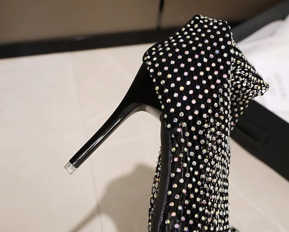 Shiny Mesh Stiletto Cut-Out Ankle Boots