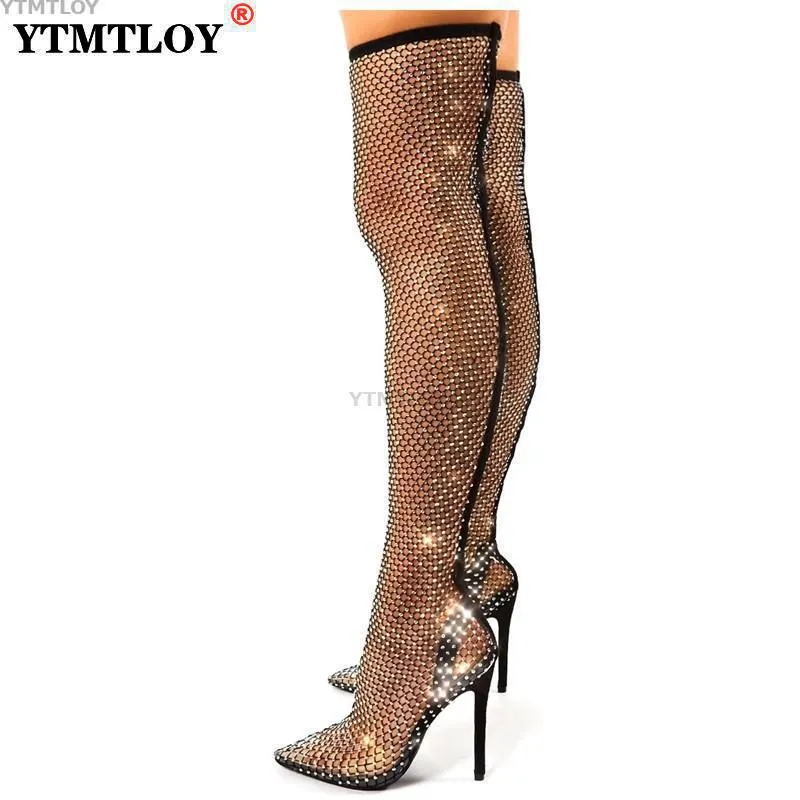 Shiny Mesh Stiletto Cut-Out Ankle Boots