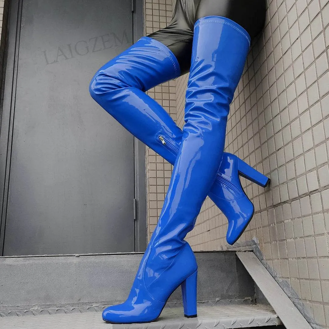 Shiny Thigh High Chunky High Heel Boots