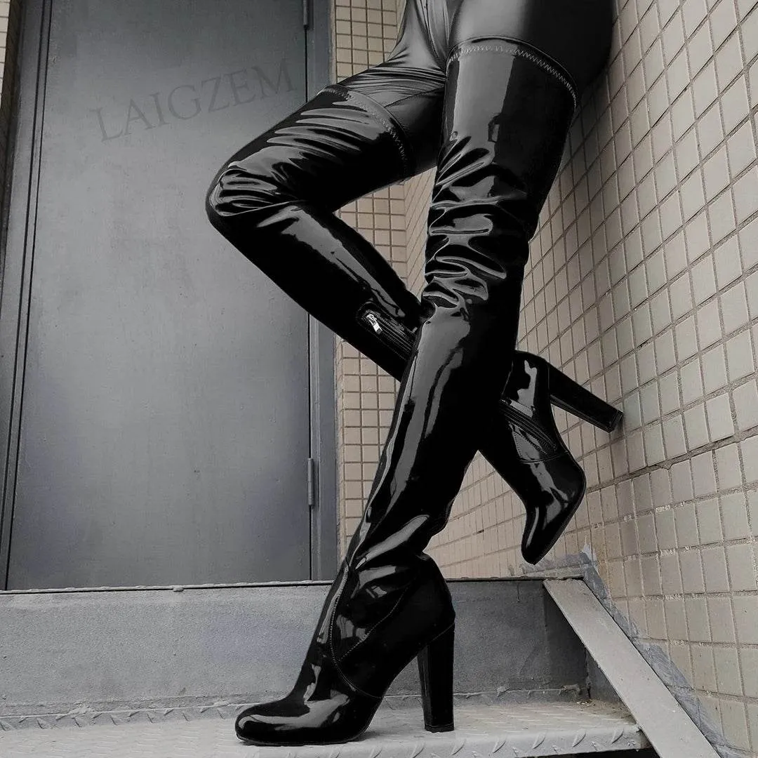 Shiny Thigh High Chunky High Heel Boots