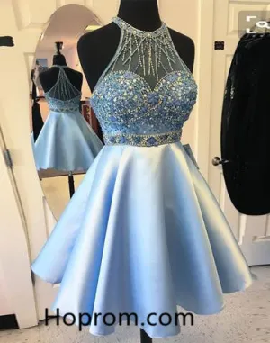 Short Prom Dress, Blue Beads Halter Homecoming Dress