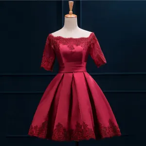 Short Sleeve A Line Red Applique Homecoming Dress