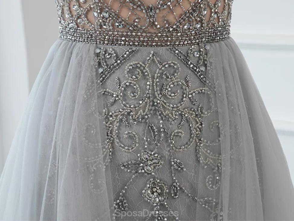 Short Sleeve Heavily Beaded Grey Long Cheap Evening Prom Dresses, Evening Party Prom Dresses, 12327