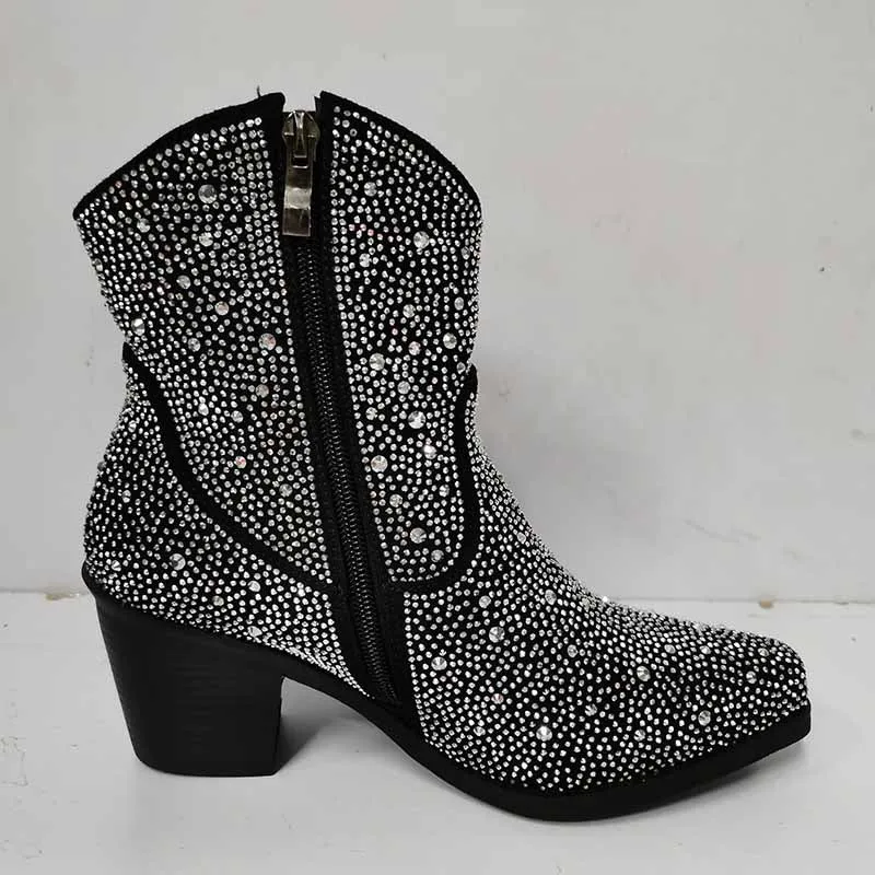 Short Sparkly Rhinestones Cowboy Cowgirl Style Boots Ankle Boots for Women
