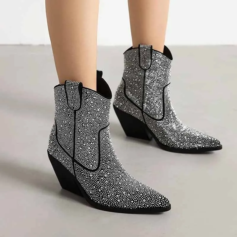 Short Sparkly Rhinestones Cowboy Cowgirl Style Boots Ankle Boots for Women