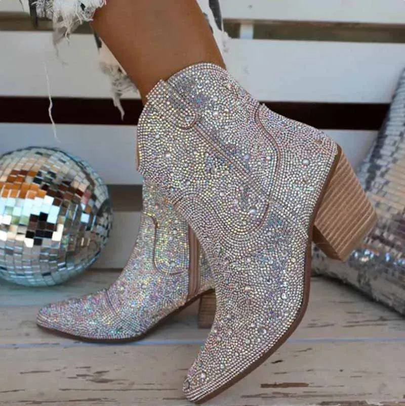 Short Sparkly Rhinestones Cowboy Cowgirl Style Boots Ankle Boots for Women