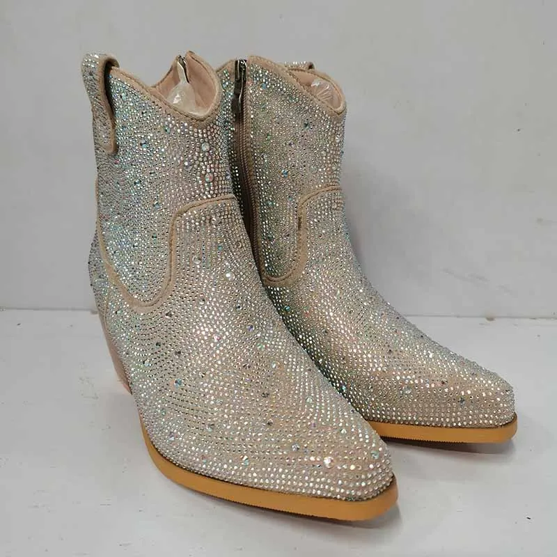 Short Sparkly Rhinestones Cowboy Cowgirl Style Boots Ankle Boots for Women