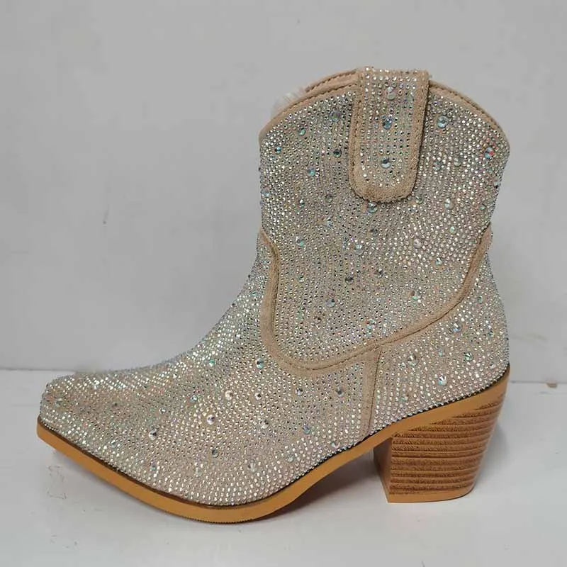 Short Sparkly Rhinestones Cowboy Cowgirl Style Boots Ankle Boots for Women