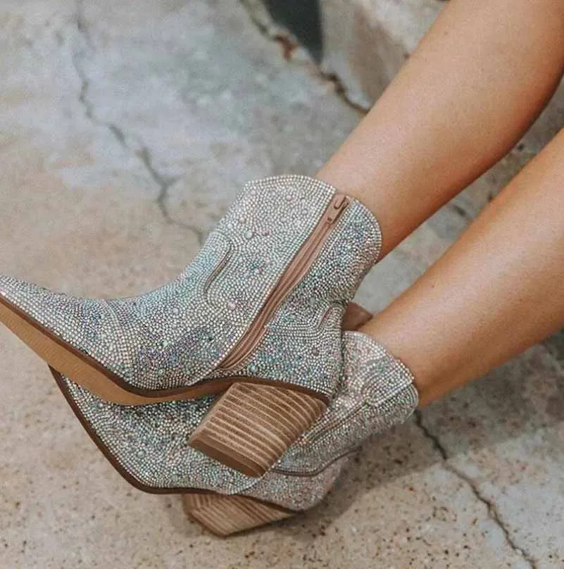 Short Sparkly Rhinestones Cowboy Cowgirl Style Boots Ankle Boots for Women