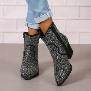 Short Sparkly Rhinestones Cowboy Cowgirl Style Boots Ankle Boots for Women
