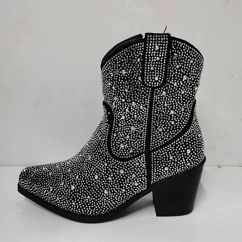 Short Sparkly Rhinestones Cowboy Cowgirl Style Boots Ankle Boots for Women