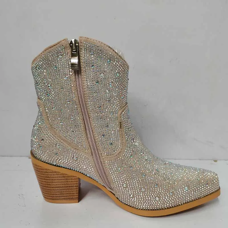 Short Sparkly Rhinestones Cowboy Cowgirl Style Boots Ankle Boots for Women