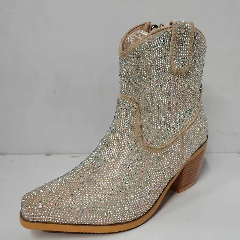Short Sparkly Rhinestones Cowboy Cowgirl Style Boots Ankle Boots for Women
