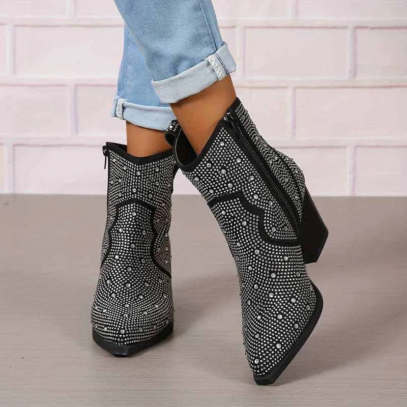 Short Sparkly Rhinestones Cowboy Cowgirl Style Boots Ankle Boots for Women