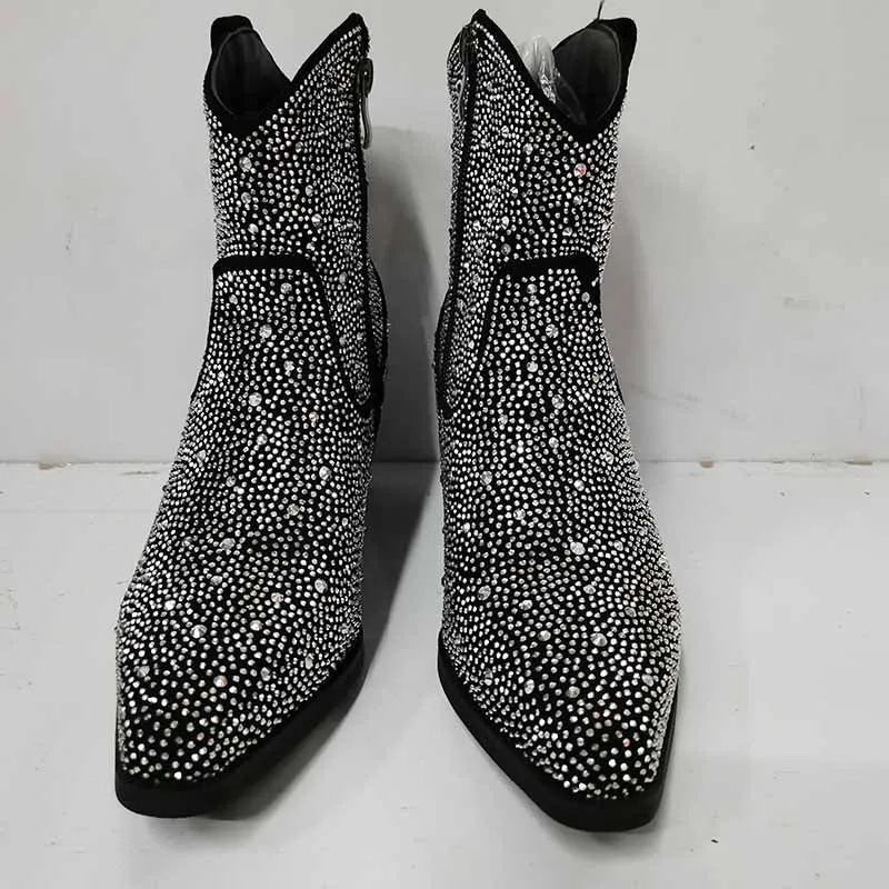 Short Sparkly Rhinestones Cowboy Cowgirl Style Boots Ankle Boots for Women