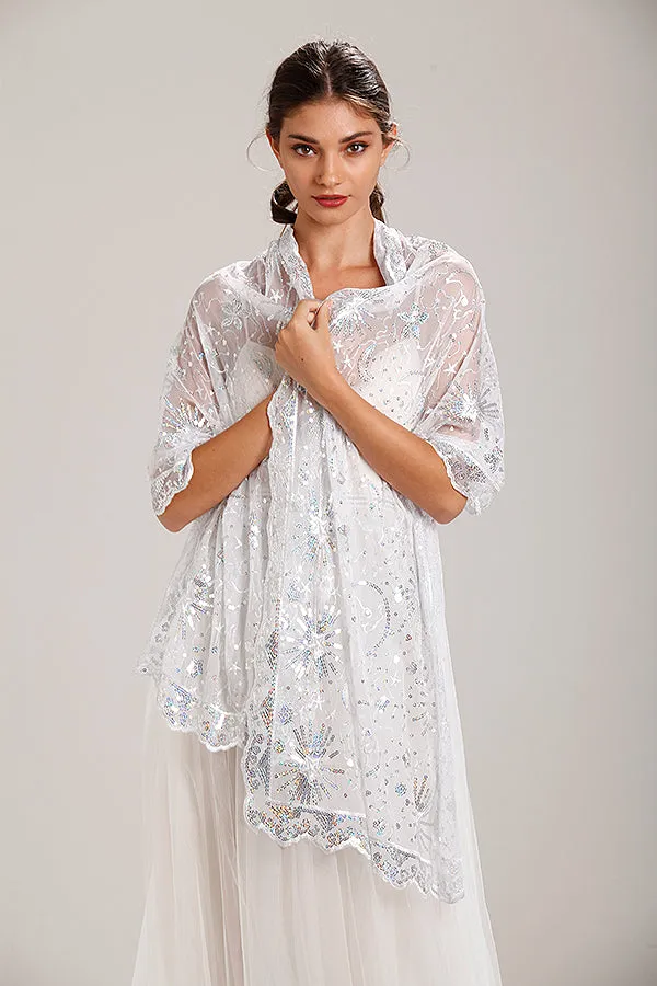 Silver Sequin Stars & Moons Design Shawl