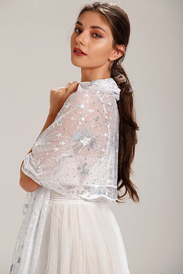 Silver Sequin Stars & Moons Design Shawl