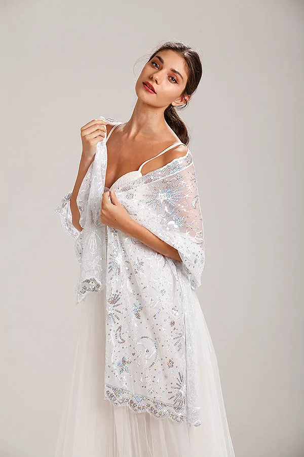 Silver Sequin Stars & Moons Design Shawl