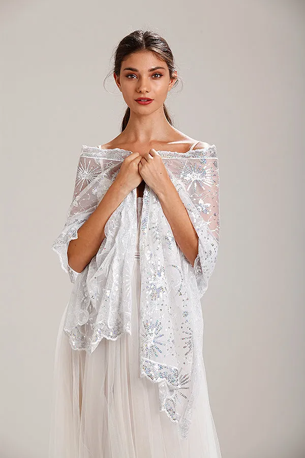 Silver Sequin Stars & Moons Design Shawl
