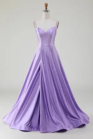Simple Sparkly Lilac A-Line Side Slit Corset Formal Dresses with Rhinestones