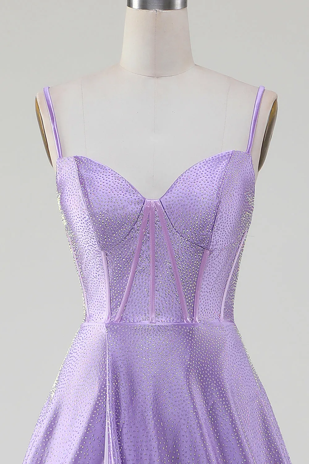 Simple Sparkly Lilac A-Line Side Slit Corset Formal Dresses with Rhinestones