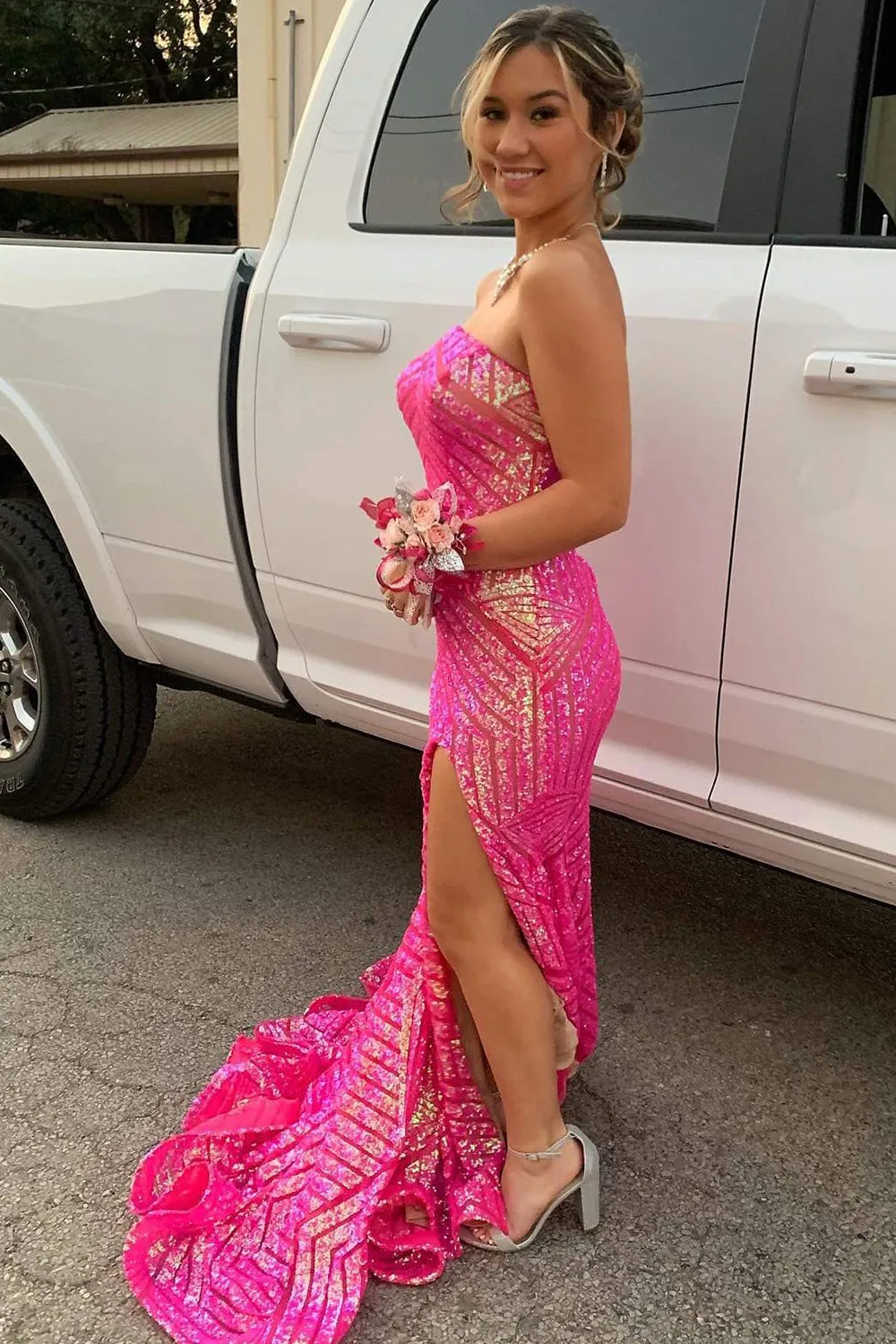 Sky Blue Sequins Strapless Long Formal Dress