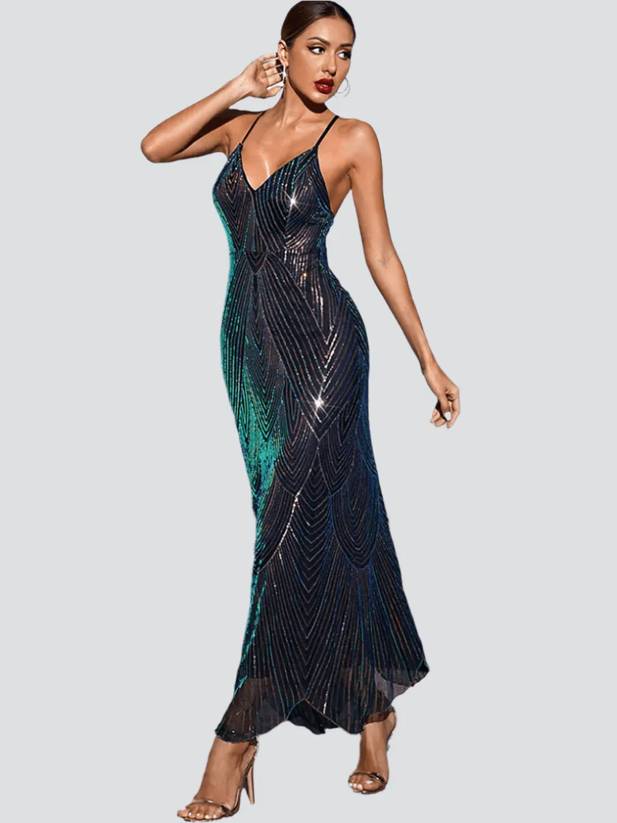 Spaghetti Asymmetric Backless Sequin Cocktail Dress MCW1050