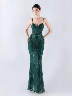 Spaghetti Blue Sequin Coset Prom Dress MYN1009