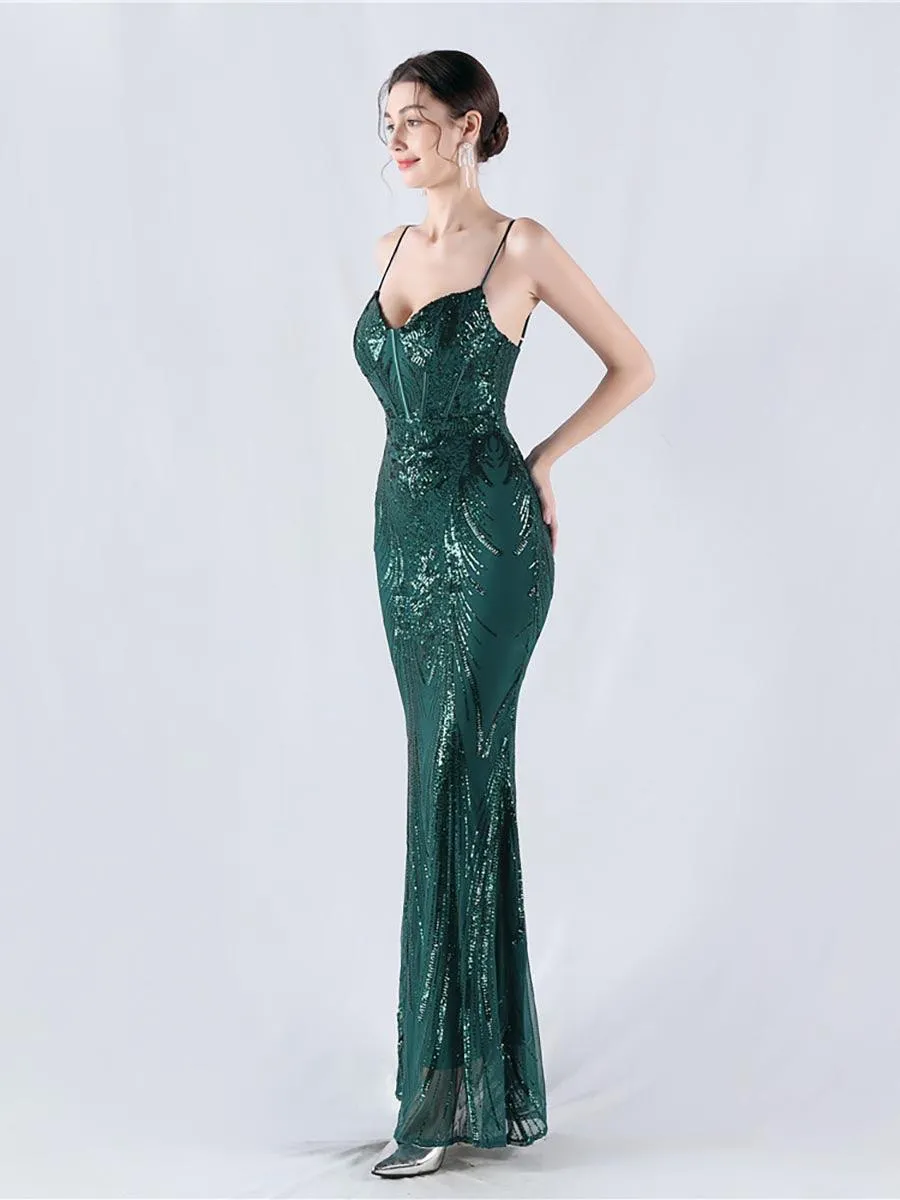 Spaghetti Blue Sequin Coset Prom Dress MYN1009