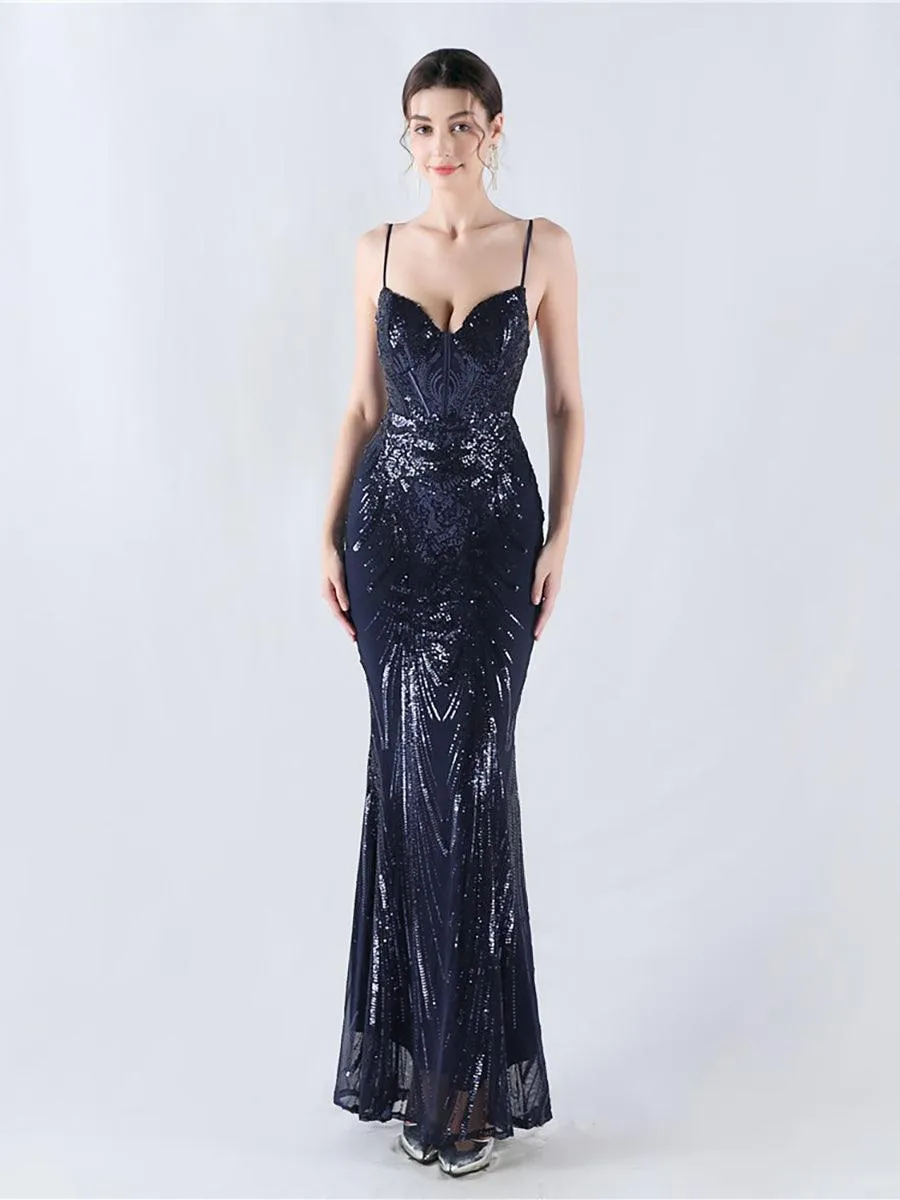 Spaghetti Blue Sequin Coset Prom Dress MYN1009