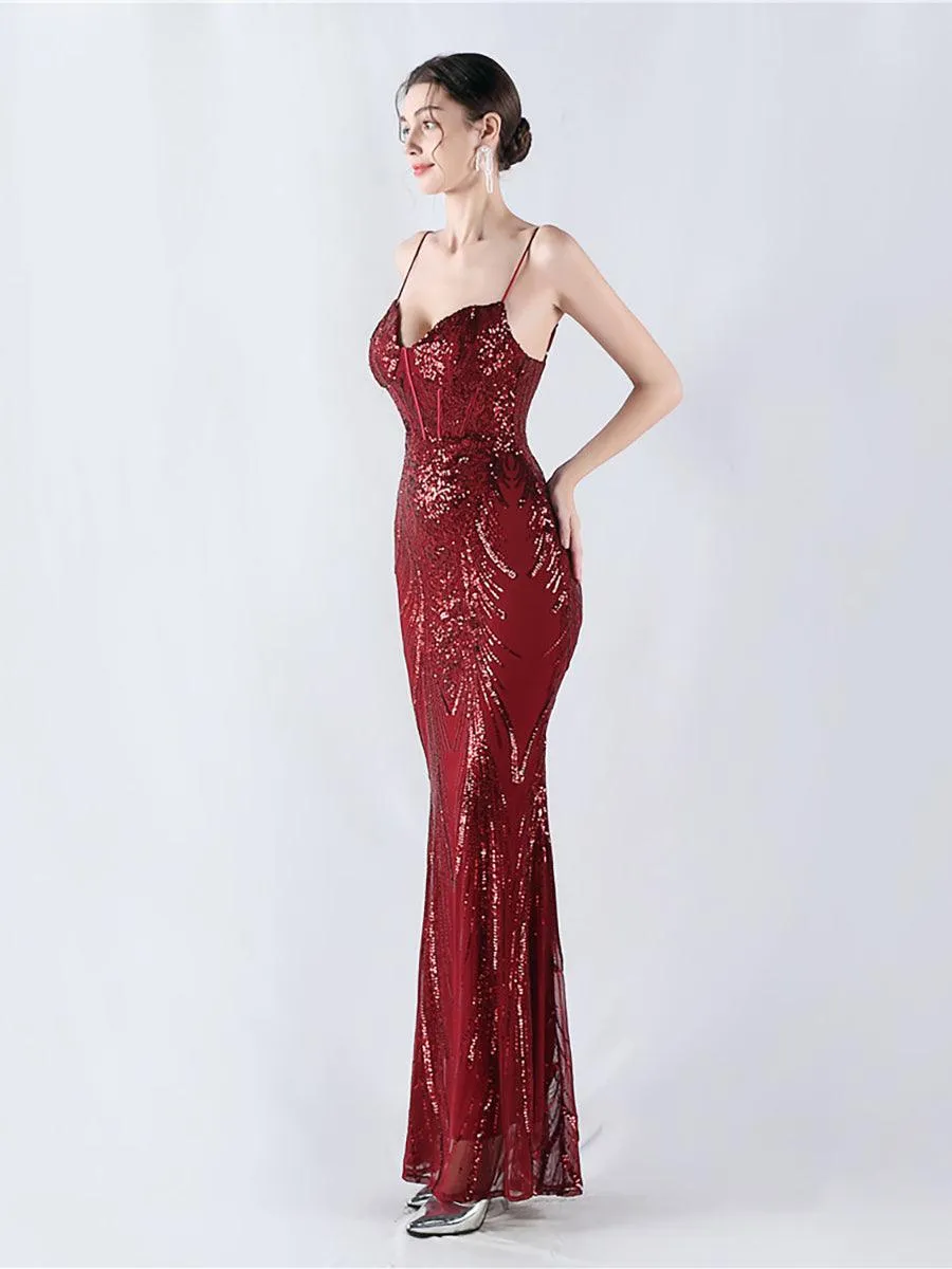 Spaghetti Blue Sequin Coset Prom Dress MYN1009
