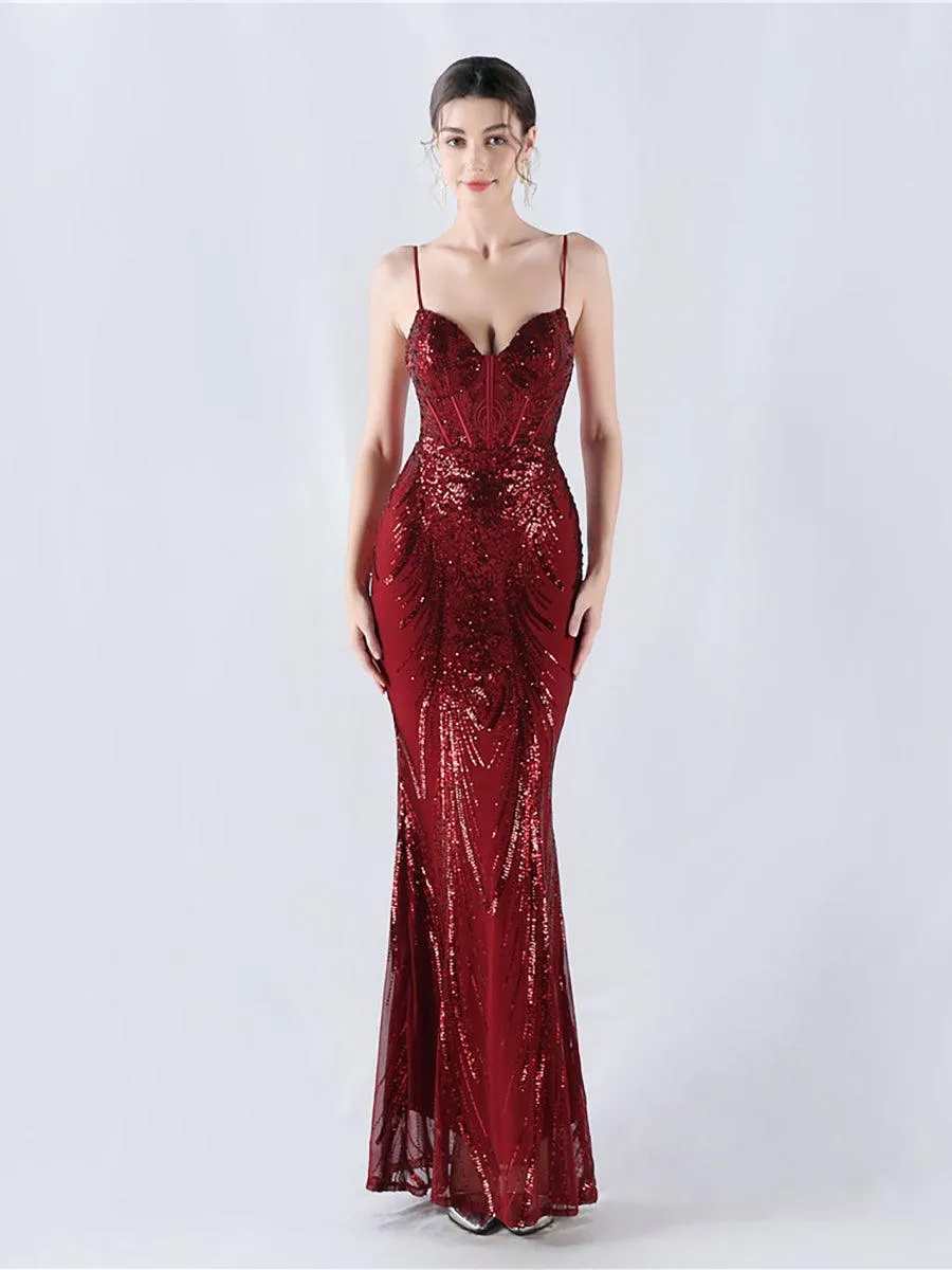 Spaghetti Blue Sequin Coset Prom Dress MYN1009