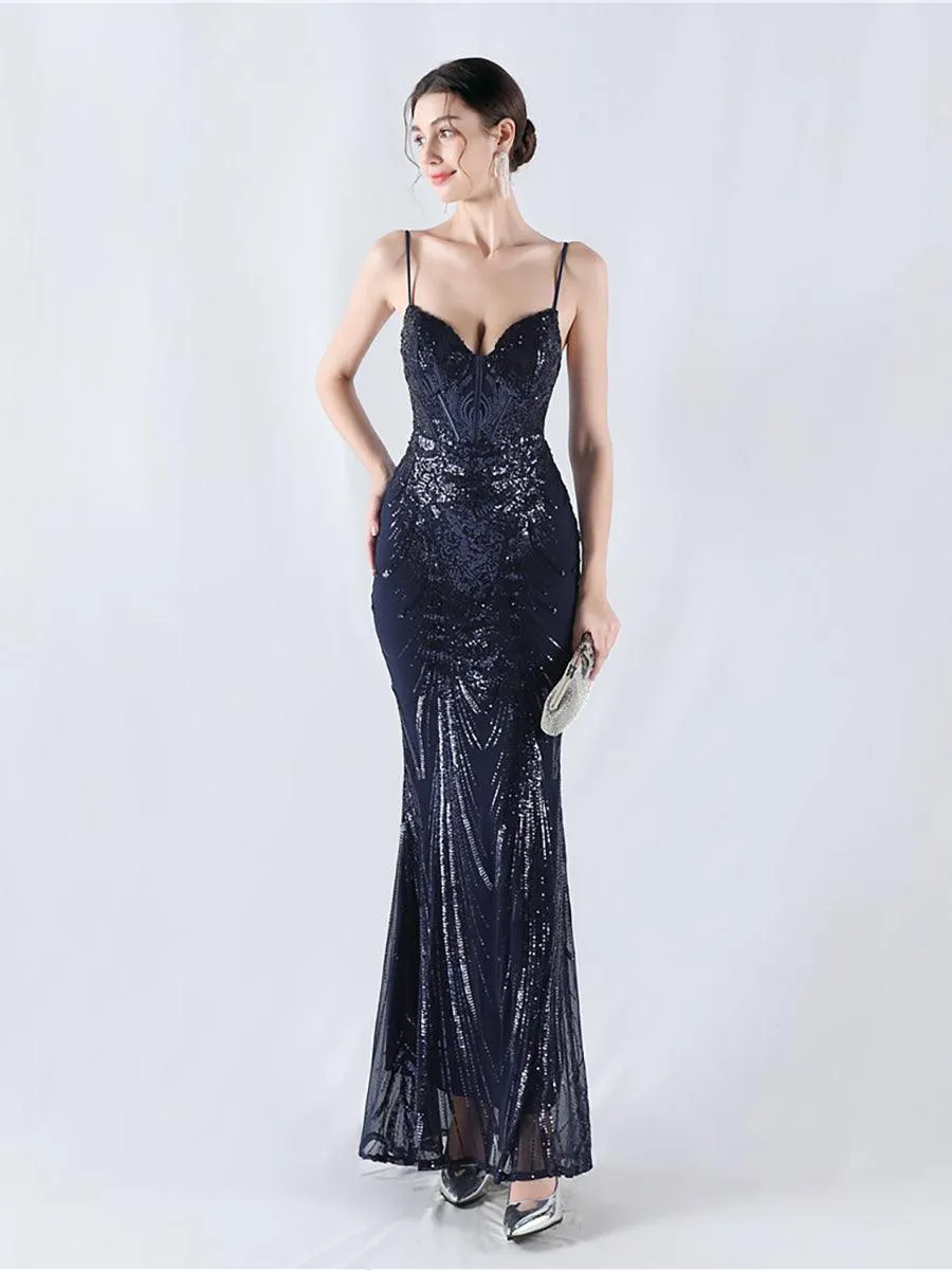 Spaghetti Blue Sequin Coset Prom Dress MYN1009