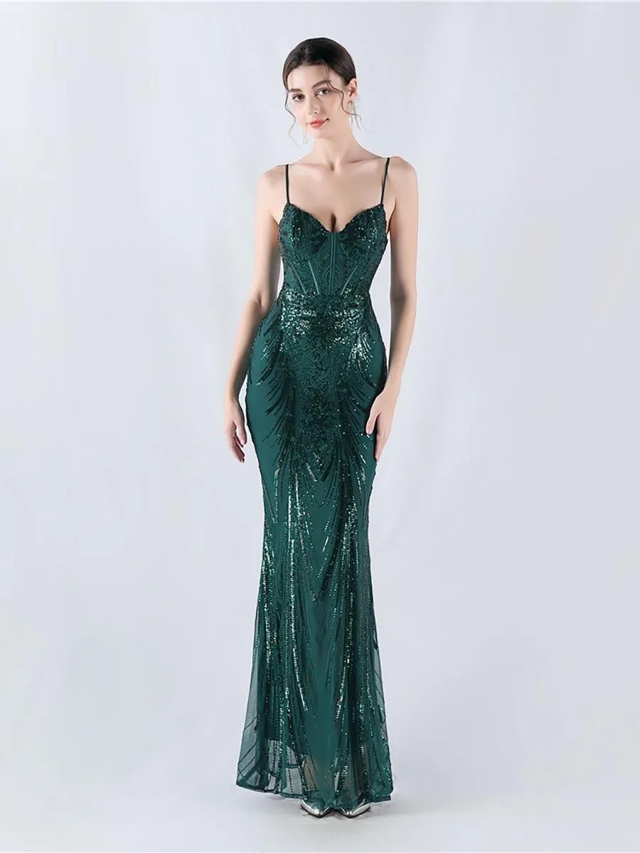 Spaghetti Blue Sequin Coset Prom Dress MYN1009