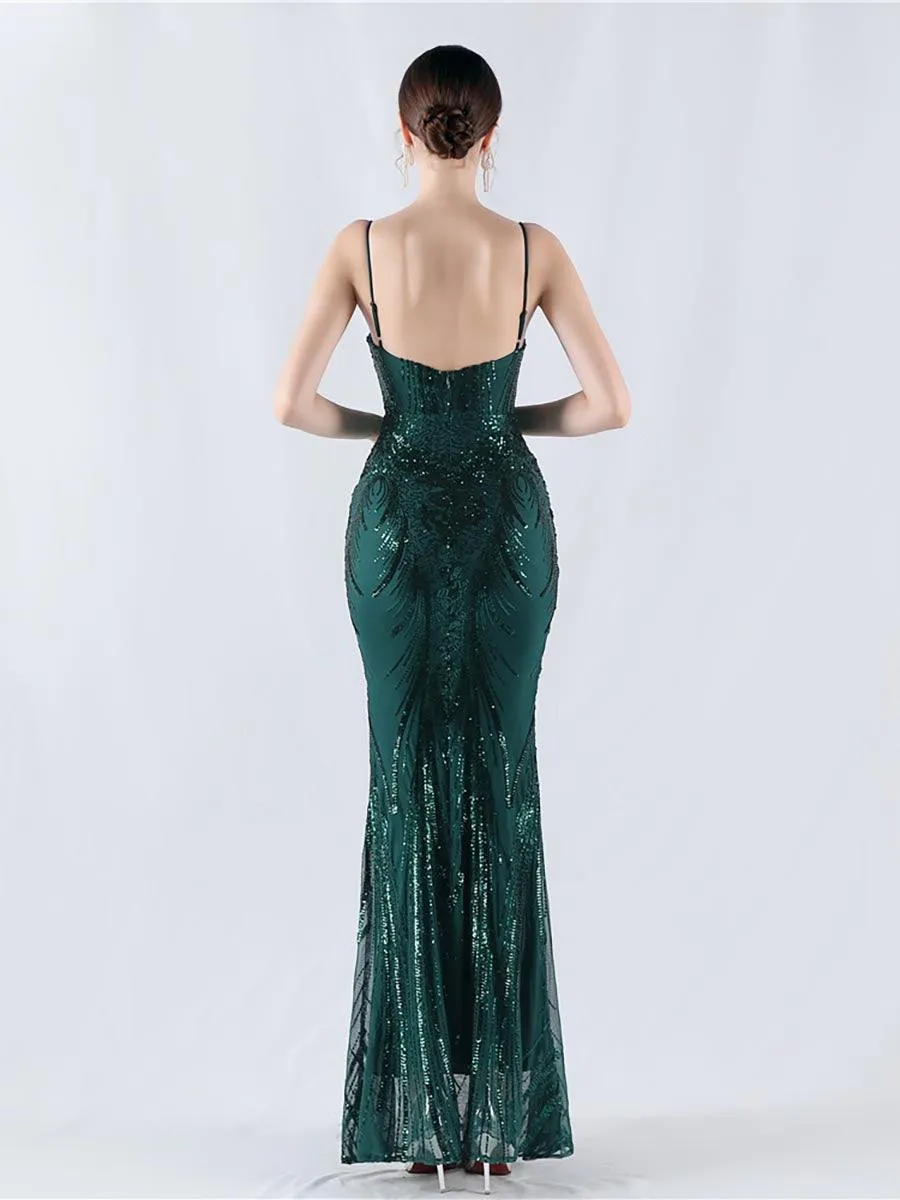 Spaghetti Blue Sequin Coset Prom Dress MYN1009