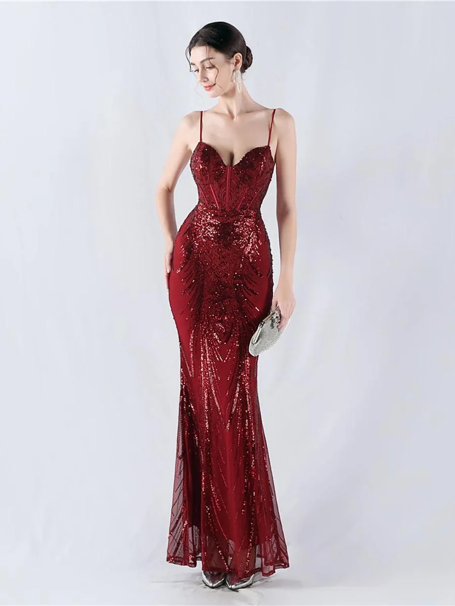 Spaghetti Blue Sequin Coset Prom Dress MYN1009