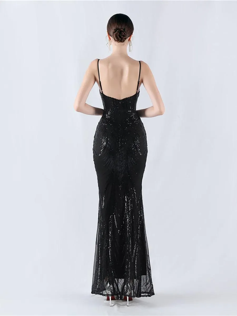 Spaghetti Blue Sequin Coset Prom Dress MYN1009