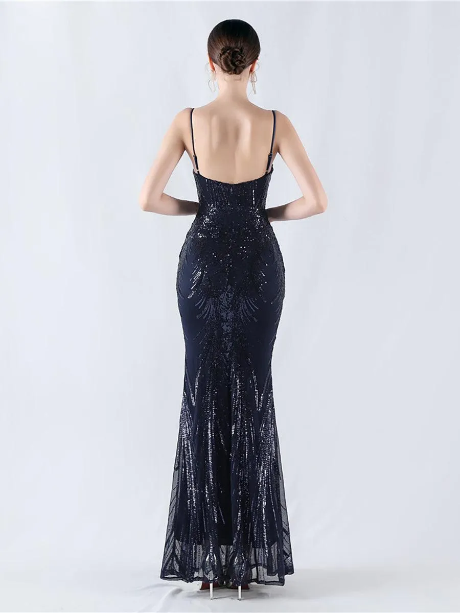Spaghetti Blue Sequin Coset Prom Dress MYN1009