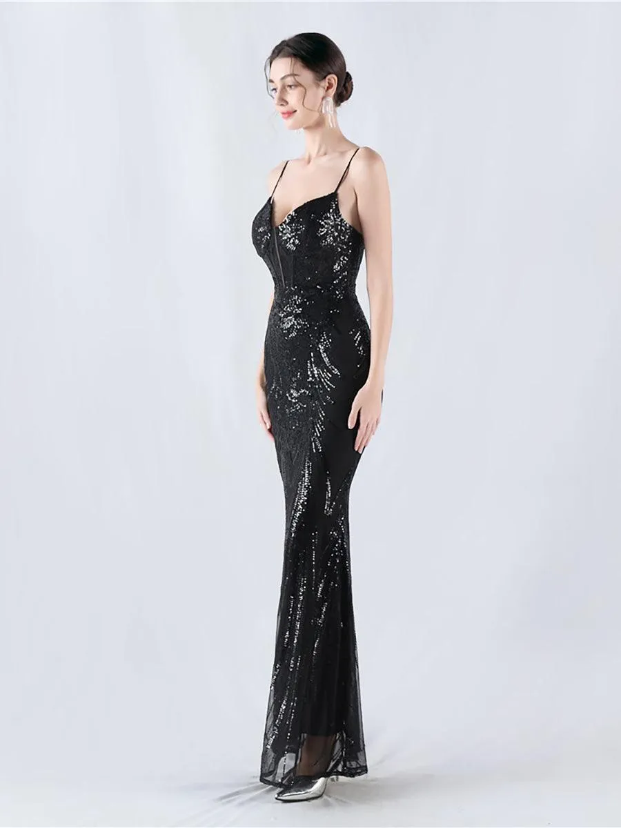 Spaghetti Blue Sequin Coset Prom Dress MYN1009