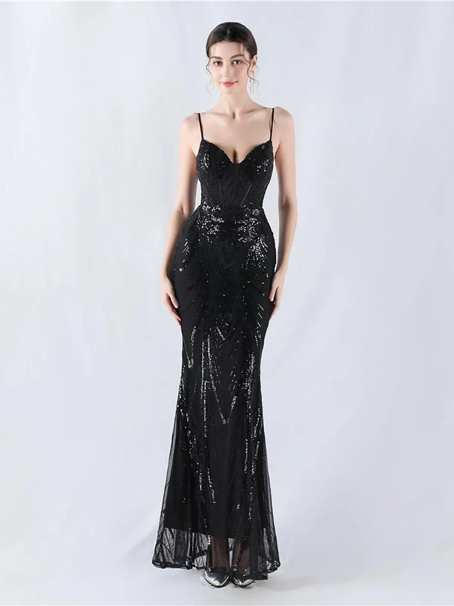 Spaghetti Blue Sequin Coset Prom Dress MYN1009