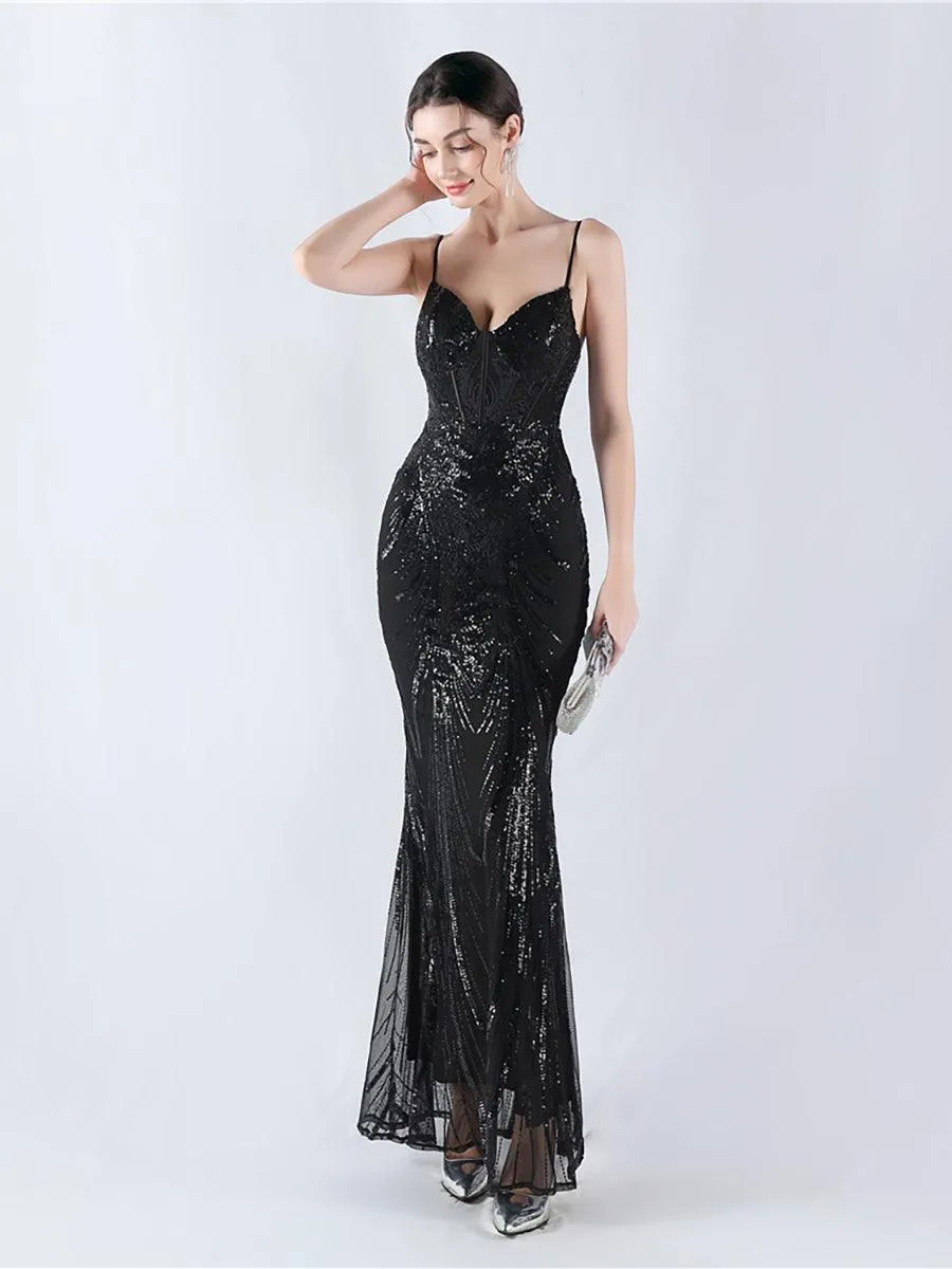 Spaghetti Blue Sequin Coset Prom Dress MYN1009