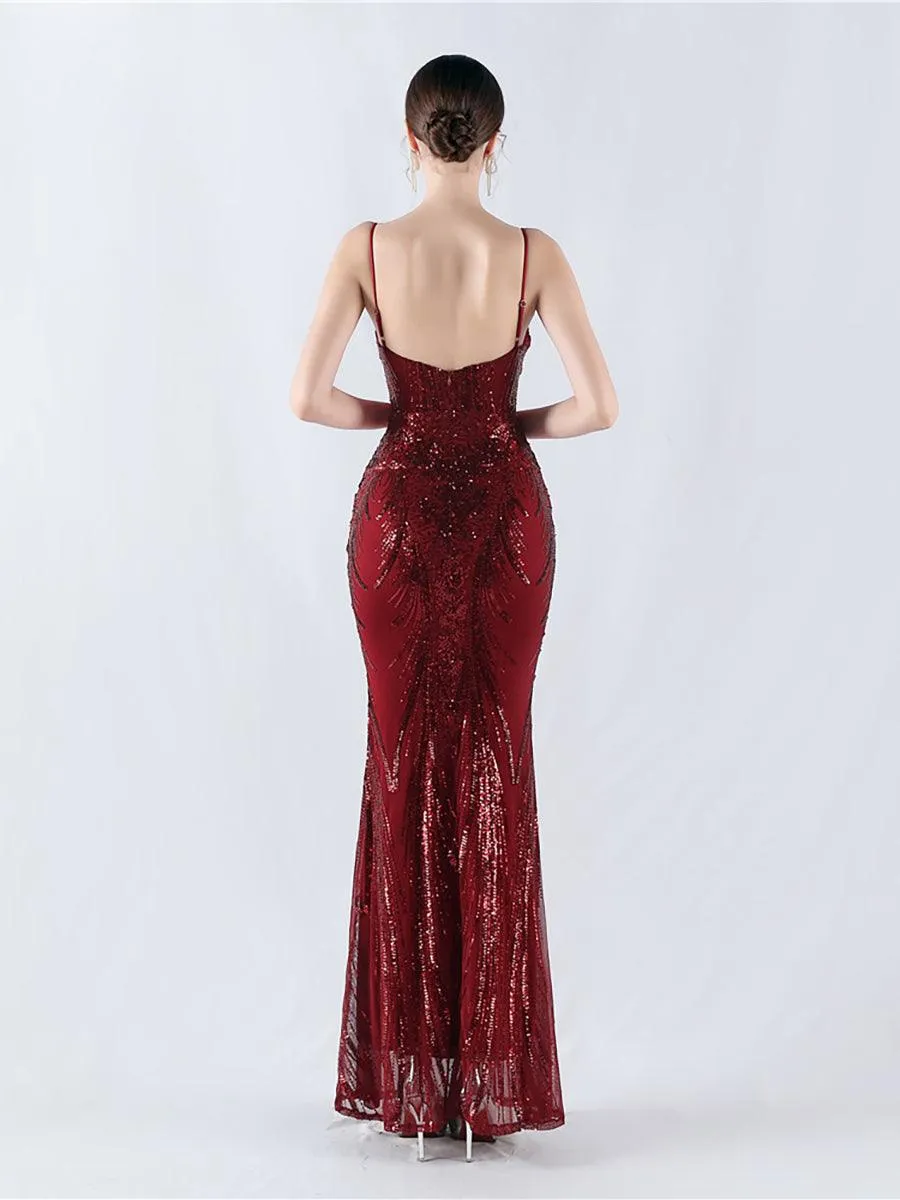 Spaghetti Blue Sequin Coset Prom Dress MYN1009