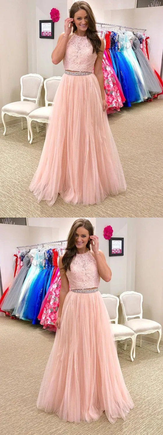 Sparkly A-line Floor-length Two Piece Halter Lace Top Beading Prom Dresses, PD0570