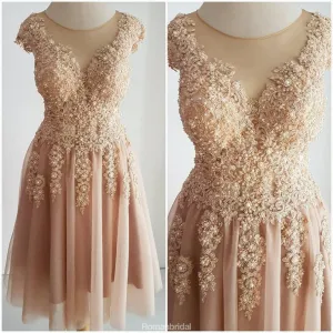 Sparkly A-Line Lace Appliques Beading Cap Sleeves Tulle Homecoming Dresses, HD0418